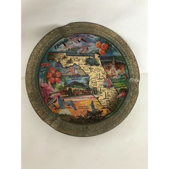 Vintage 5.75” Florida Metal‎ Ashtray Colorful Advertisement - Picture 1 of 2